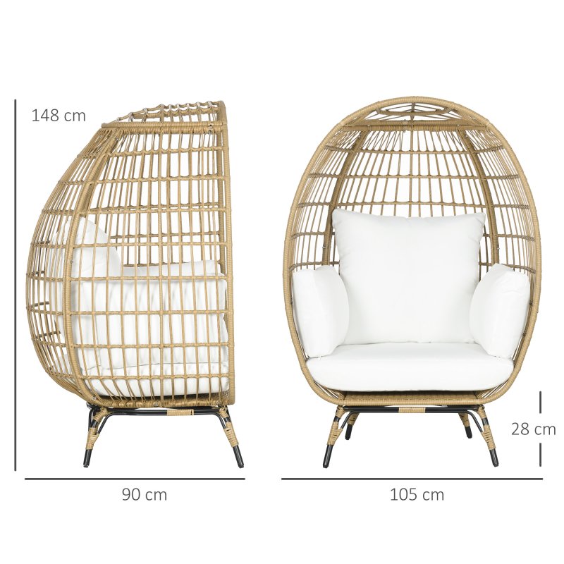 Outsunny Oversized Garden Egg Chair, Outdoor Wicker PE Rattan Chair with Thickened Padded Cushions and Pillows for Balcony, Porch, Khaki