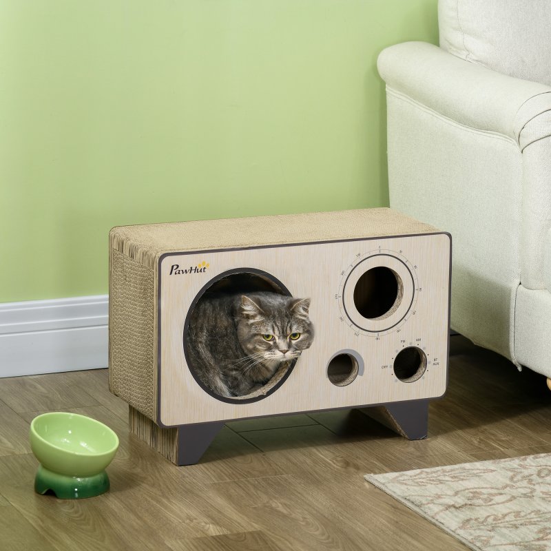 PawHut Cat Scratcher Cat Scratching Board Radio Shape with Catnip, Natural Wood Finish