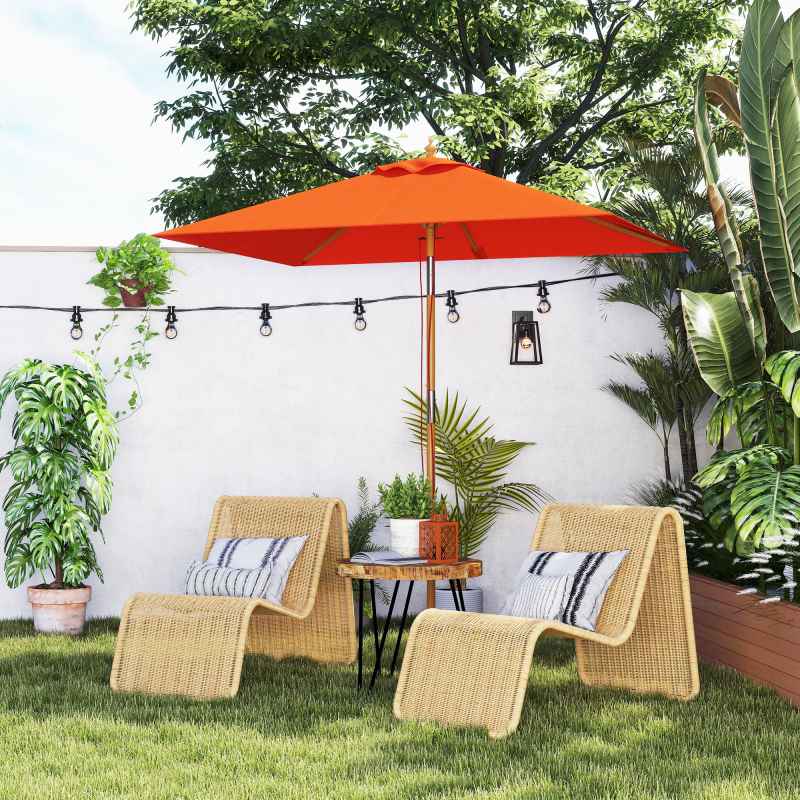Outsunny 2m x 1.5m Garden Parasol Umbrella with Tilting Sunshade Canopy, Outdoor Market Table Umbrella with Wood and Bamboo Frame, Orange