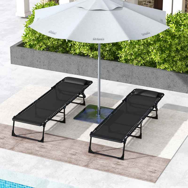 Outsunny 2 Piece Foldable Sun Lounger, Outdoor 4 Level Adjustable Backrest Reclining Chaise Chair, Steel Frame Recliner Chair for Camping, Hiking, Black