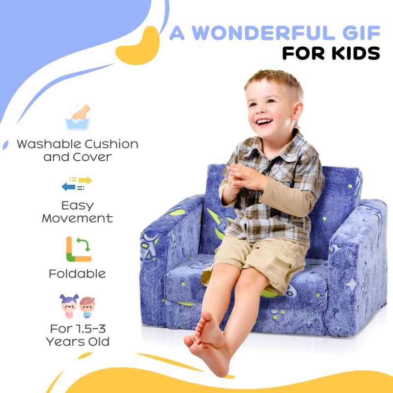 AIYAPLAY Kids Sofa Bed, 2 in 1 Kids Folding Bed Toddler Armchair with Glow in The Dark Cosmic Design, Washable Cushion and Cover, Convertible Kid Chair to Lounger for 1.5-3 Years Old, 1 Seater, Blue
