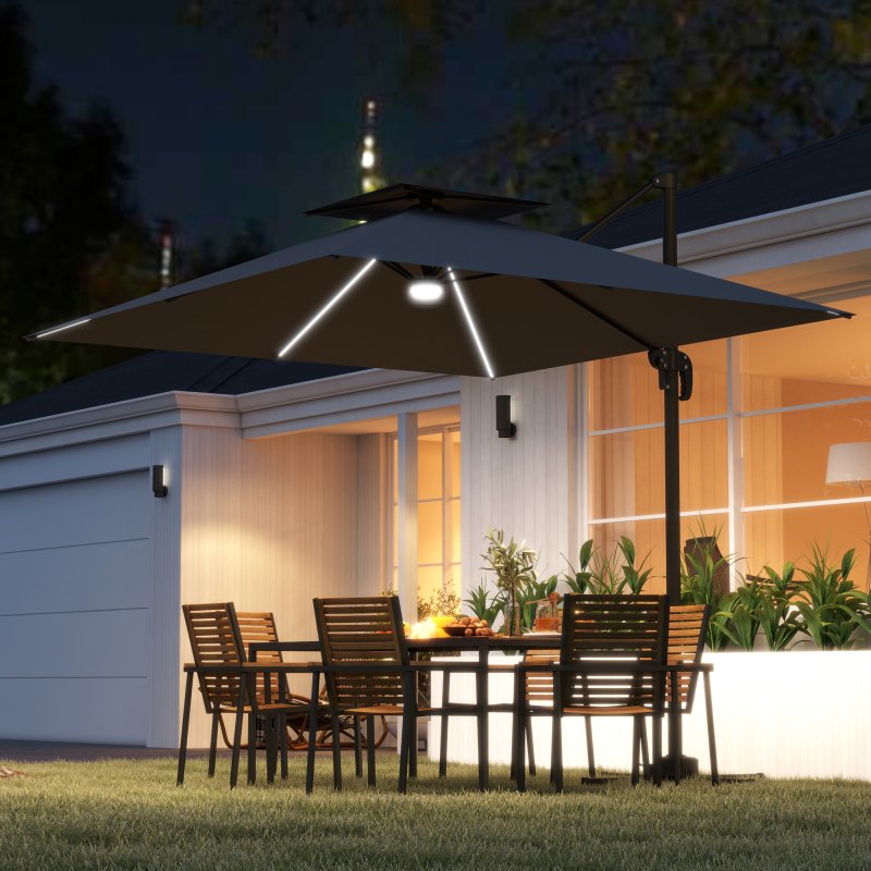 Outsunny 2.5m Cantilever Parasol with Solar Powered LED Lights, Double Top Square Overhanging Garden Parasol with 360?? Rotation, Tilt Adjustment, Crank Handle, Dark Grey