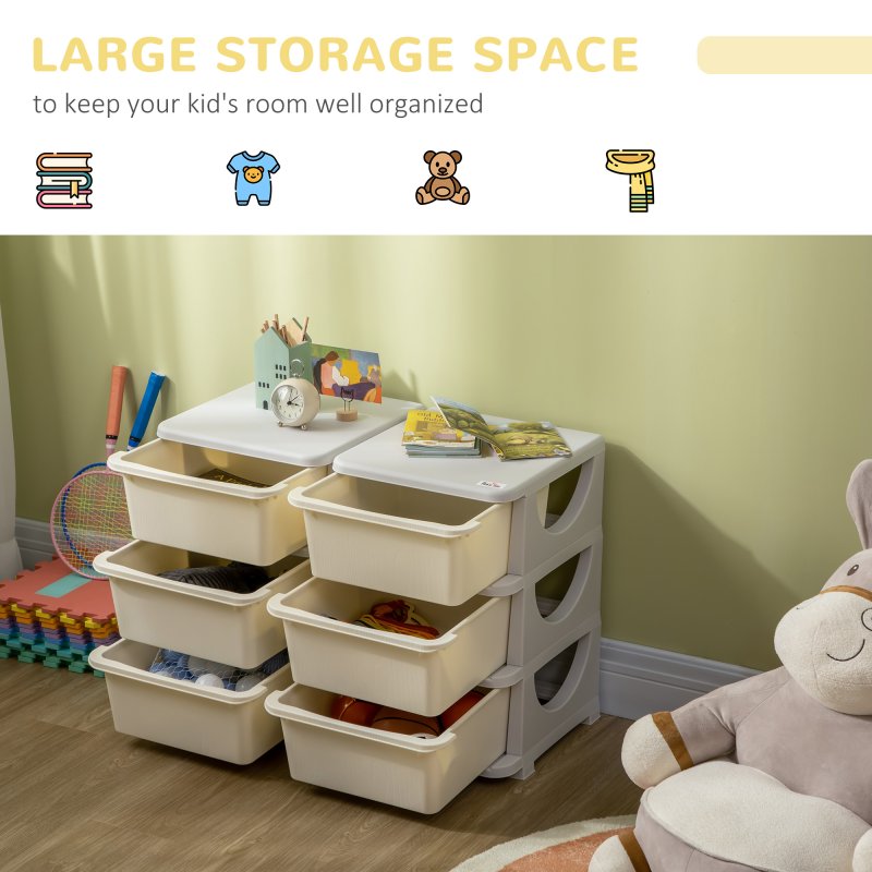 HOMCOM Kids Storage Units with 6 Drawers 3 Tier Chest Vertical Dresser Tower Toy Organiser for Nursery Playroom Kindergarten Cream