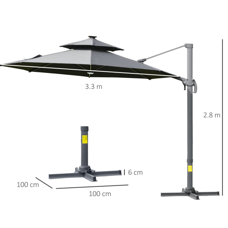 Outsunny 3(m) Cantilever Roma Parasol with LED Solar Lights, Crank & Tilt, Aluminium Frame, Cross Base and Adjustable Canopy 360 Degrees Rotating Sun Umbrella with 2-Tier Shade, Grey