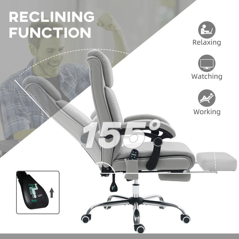 Vinsetto Office Chair with 4-point Vibration Massage and Heat, PU Leather High Back Recliner Desk Chair with Adjustable Height, Armrest, Footrest, Swivel Computer Chair for Home, Light Grey