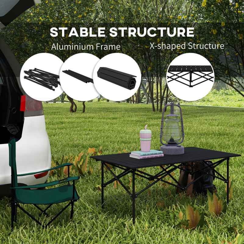 Outsunny Portable Camping Table, 3ft Lightweight Folding Aluminium Picnic Table with Roll Up Top, Carry Bag for Outdoor Camping, Picnic, Hiking, Cooking, BBQ, Fishing, Black