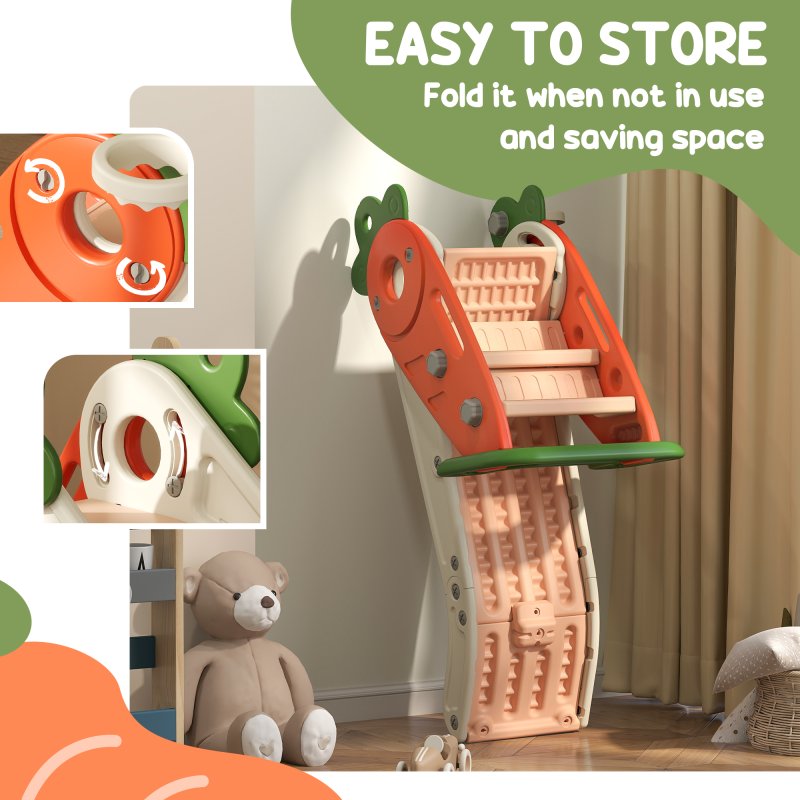 AIYAPLAY Kids Slide, 3 in 1 Foldable Toddler Slide with Basketball Hoop, Climber, Carrot-themed Indoor Slide for 1-3 Years Old, Orange