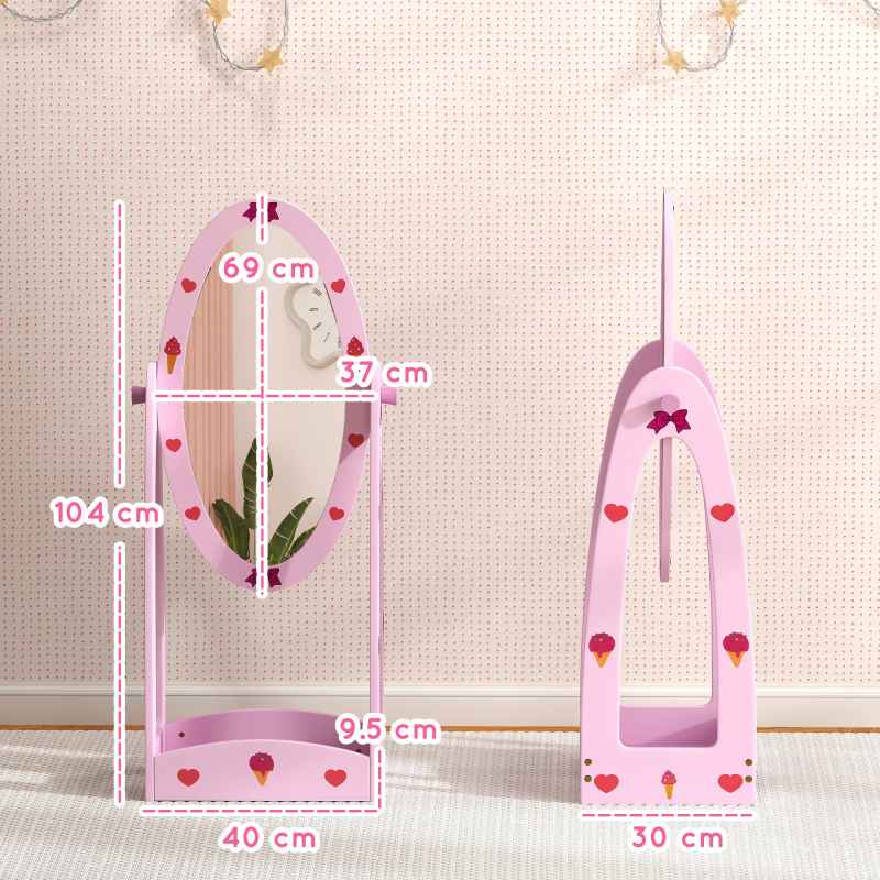 AIYAPLAY Kids Mirror Full Length with Storage Shelf, 360?? Rotating Standing Mirror for Bedroom, Kids Room, Nursery Room, Hot Pink