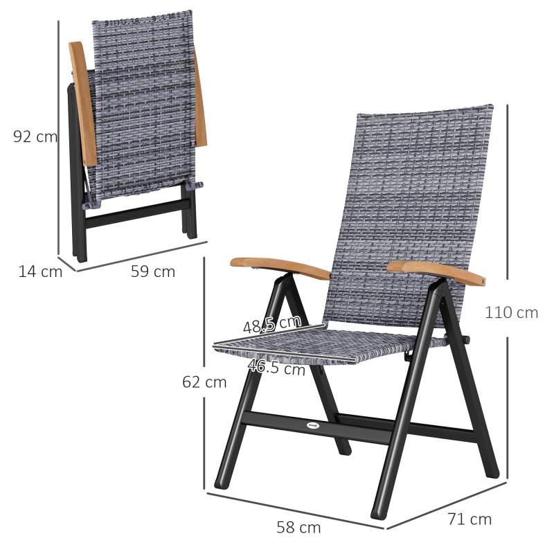 Outsunny 2 Pieces Outdoor Folding Dining Chair, PE Rattan Chair with Armrests, High Backrest, for Garden, Camping, Balcony, Porch, Light Grey