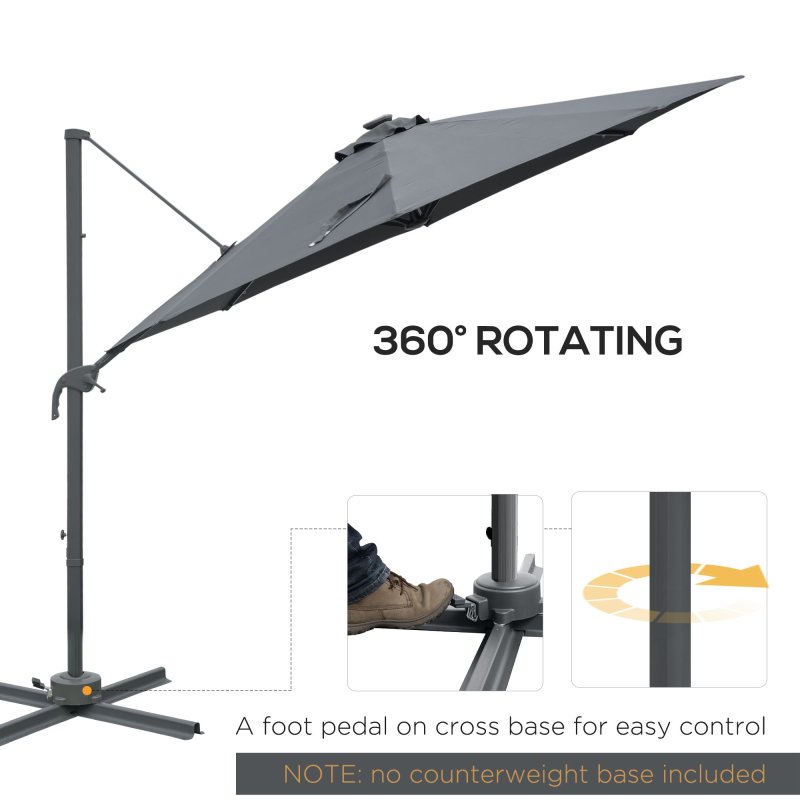 Outsunny 3(m) Cantilever Roma Parasol Patio Sun Umbrella with Crank & Tilt LED Solar Light Cross Base 360 Rotating Outdoor, Dark Grey