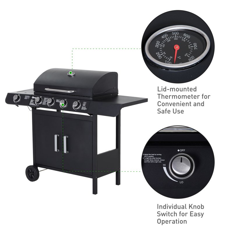Outsunny 4+1 Burner Gas BBQ Grill, Outdoor Barbecue Trolley with Wheels, Warming Rack, Side Shelves, Cabinet, Thermometer for Garden, Party, Camping, 125 L x 51 W x 100 H cm, Black
