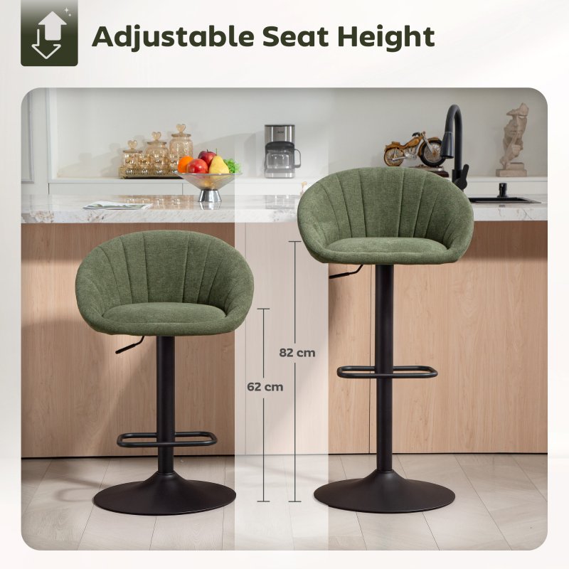 HOMCOM Bar Stools Set of 2, Swivel Barstools, Height Adjustable Breakfast Bar Chairs with Backrest and Footrest for Kitchen Island Counter, Dining Room, Dark Green
