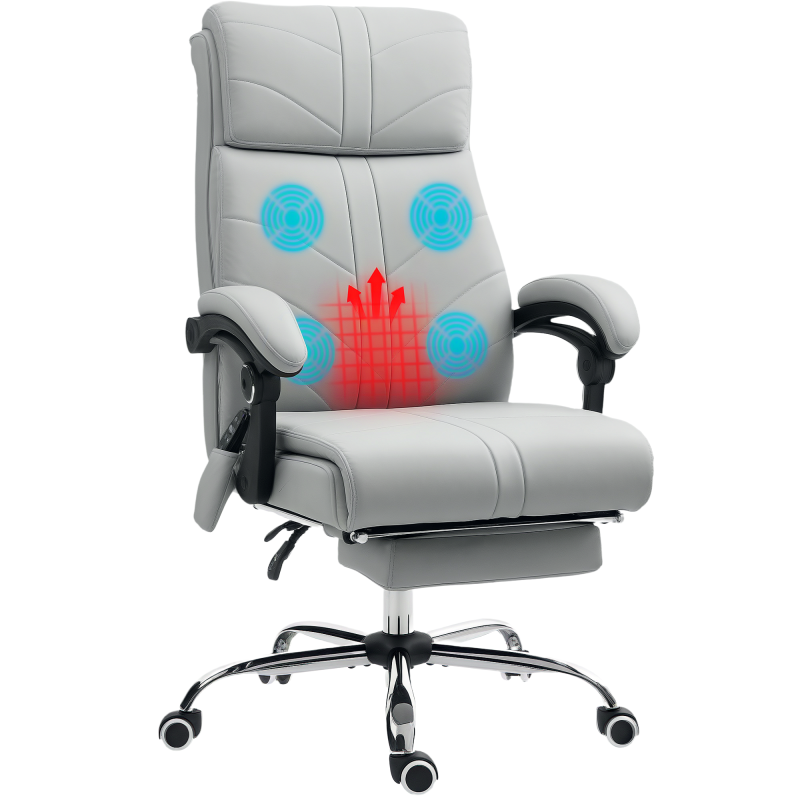 Vinsetto Office Chair with 4-point Vibration Massage and Heat, PU Leather High Back Recliner Desk Chair with Adjustable Height, Armrest, Footrest, Swivel Computer Chair for Home, Light Grey
