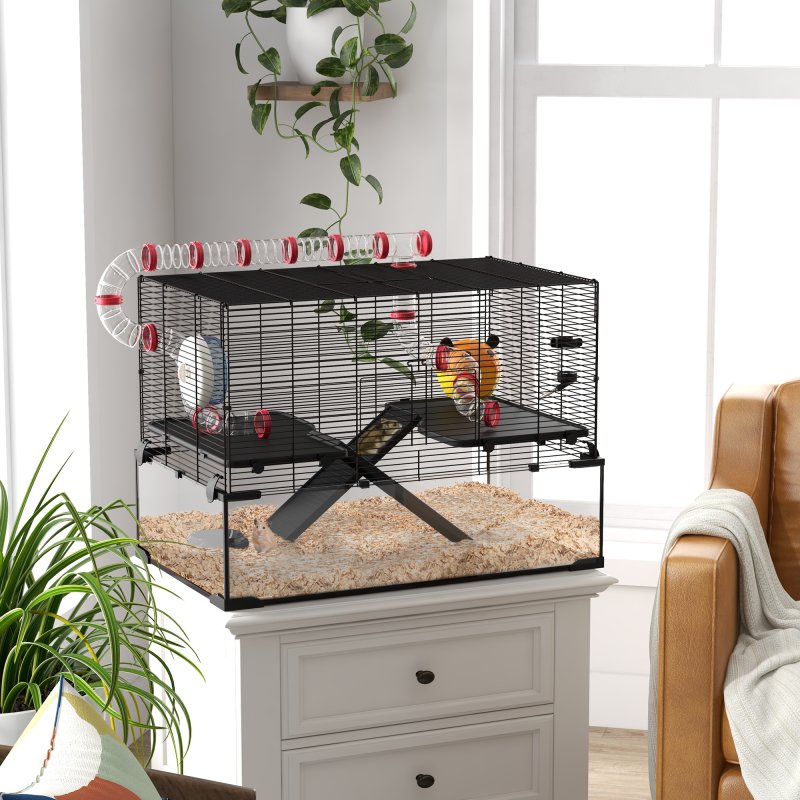 PawHut Large Hamster Cage, Gerbil Cage with Deep Glass Bottom, Tunnels, Non-Slip Ramps, Exercise Wheels, Water Bottle, Dish, 78.5 x 48.5 x 57cm