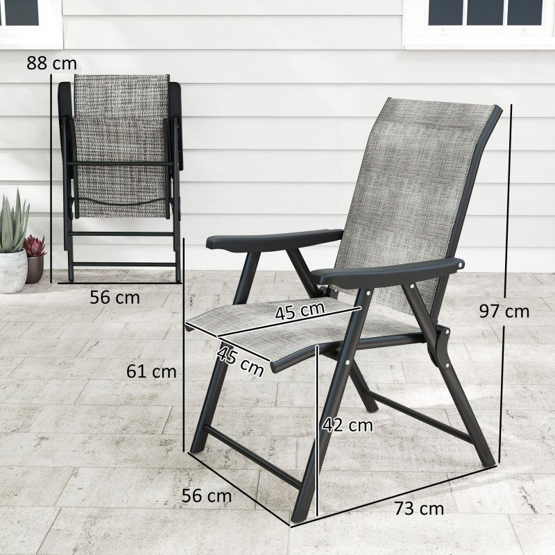 Outsunny Set of 2 Folding Chair, Garden Chair Set with Breathable Mesh Back and Seat, Outdoor Camping Chairs with Armrests, Steel Frame for Deck Balcony, Black and Grey