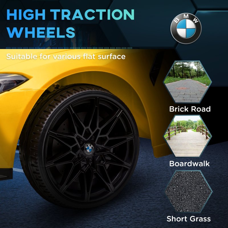 AIYAPLAY BMW M4 Licensed Electric Car for Kids, 12V Kids Electric Ride on with Remote Control, Suspension, Music, Horn, LED Lights, for Ages 3-5 Years, Yellow