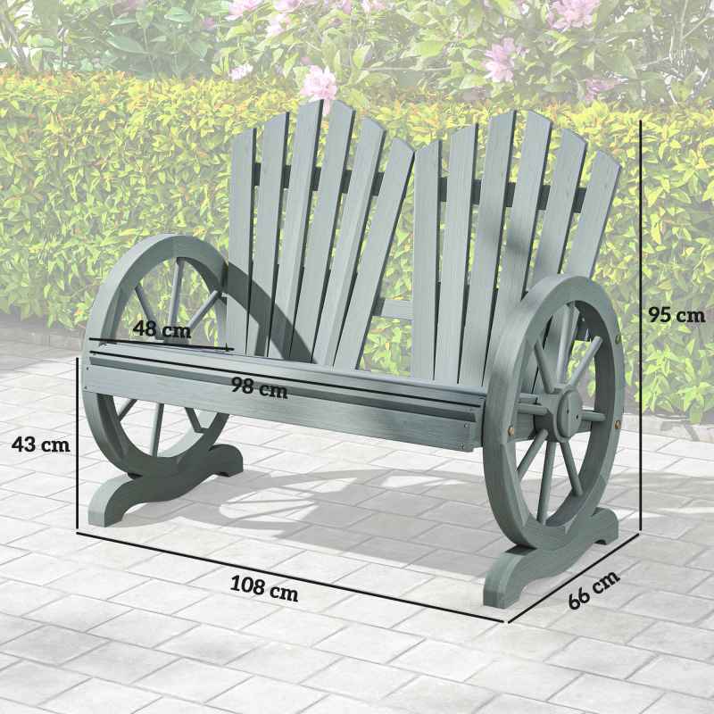 Outsunny 2 Seater Garden Bench, Comfortable Fir Wood Love Chair with Wagon Wheel-Shaped Armrests, Outdoor Adirondack Wooden Loveseats, Grey