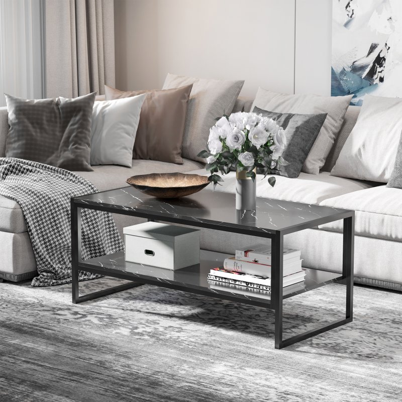 HOMCOM Coffee Table, Two-Tier Marble Centre Table with Metal Frame and Storage Shelf for Living Room, 106 x 50 x 45cm