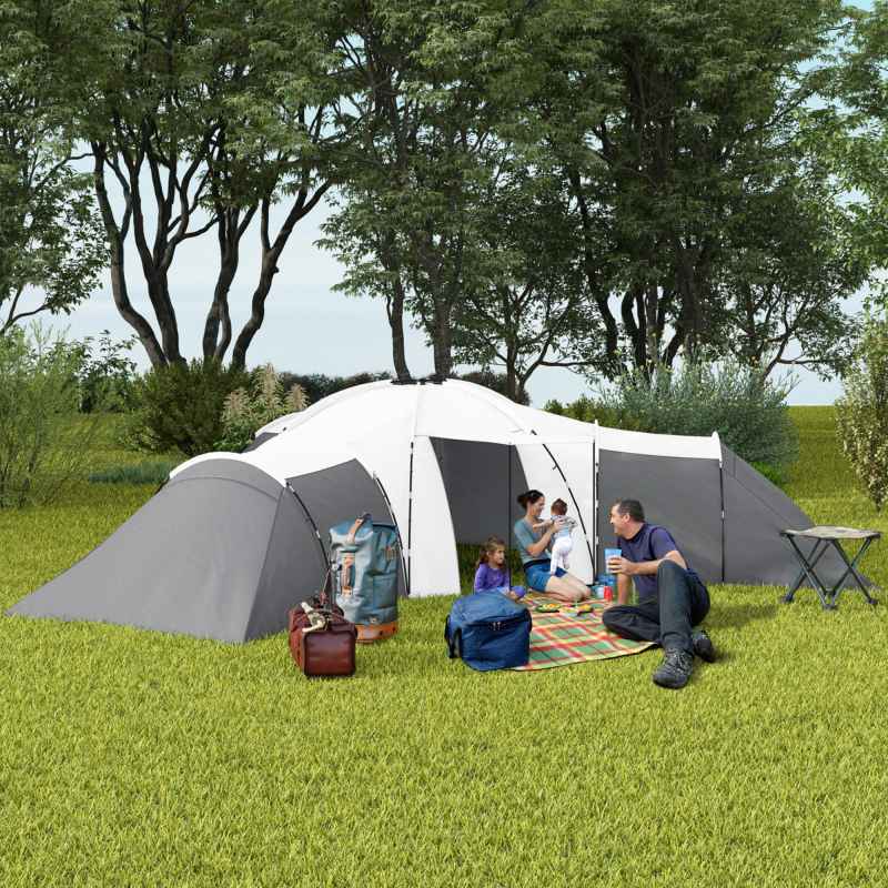 Outsunny 6-9 Man Large Tunnel Tent with 3 Bedroom, Living Area and Porch, 2000mm Waterproof Camping Tent, Portable with Bag, for Fishing Hiking Festival, Dark Grey