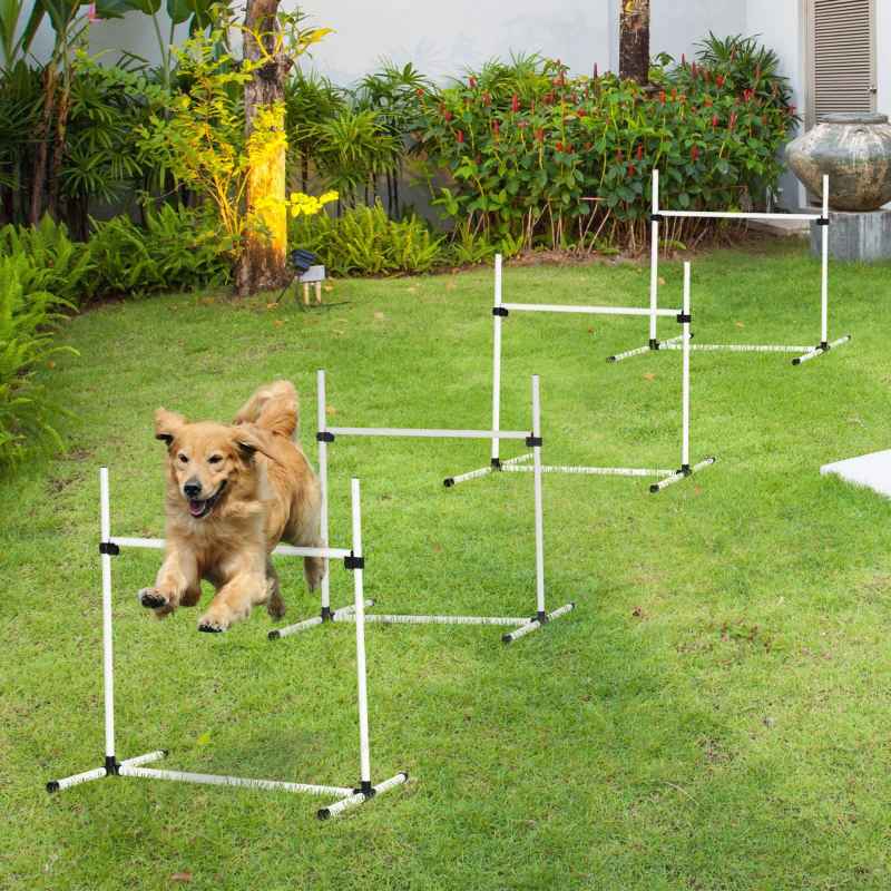 PawHut Dog Agility Equipment Training Height Adjustable Jumps Hurdle 4 Pieces with Carrying Bag for Outdoor, White