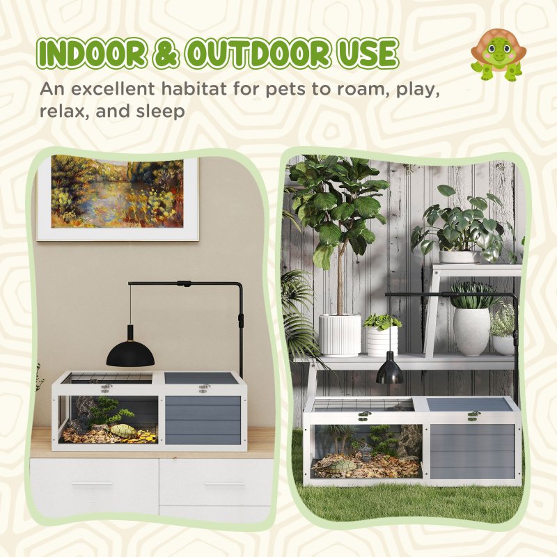 PawHut Tortoise House, Wooden Tortoise Table, Tortoise Enclosure with Adjustable Lamp Holder, Openable Lids, Pull-Out Trays - Grey