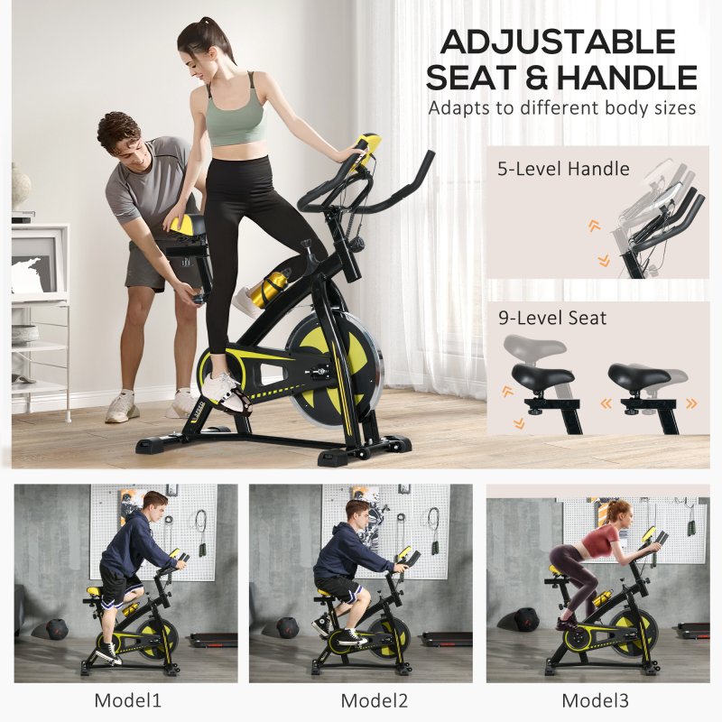 SPORTNOW Indoor Exercise Bike, Stationary Bike, Cycling Machine with Adjustable Seat and Resistance, Heart Rate Sensor, for Home Gym Workout, 8kg Flywheel, Yellow