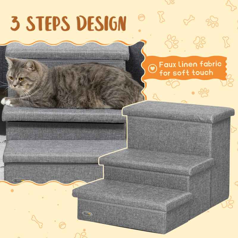 PawHut 3 Step Dog Steps with Storage Boxes, Cat Stairs for Bed, Pet Ladder for Couch, Sofa - Light Grey