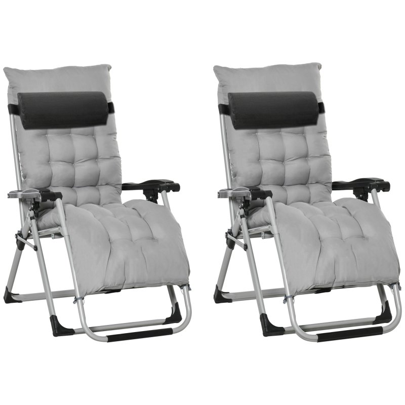 Outsunny 2 Piece Reclining Zero Gravity Chair Metal Frame Folding Garden Sun Lounger with Cushion Headrest, Light Grey