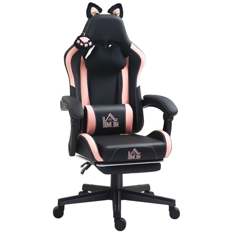 HOMCOM Gaming Chair for Adults with Cat Ears, Reclining Computer Chair with Footrest, Faux Leather Game Chair with Lumbar Support and Headrest, Height Adjustable Swivel PC Chair, Black