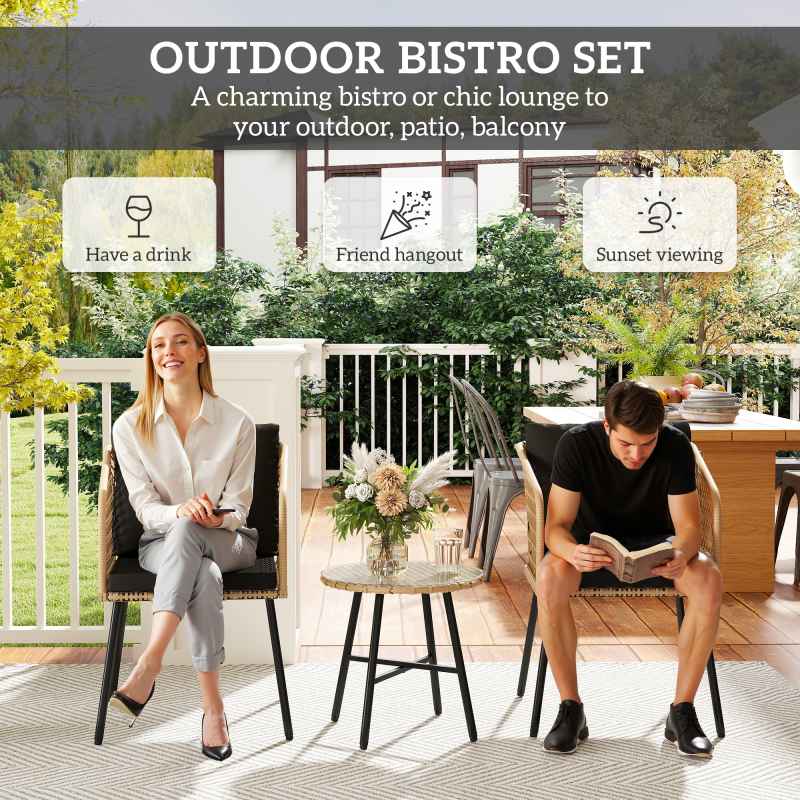 Outsunny 3 Piece Rattan Bistro Set, Patio Wicker Conversation Furniture Set with 2 Chairs, Tempered Glass Table, Cushions, Adjustable Foot Pads, for Garden, Balcony, Nature Wood Finish