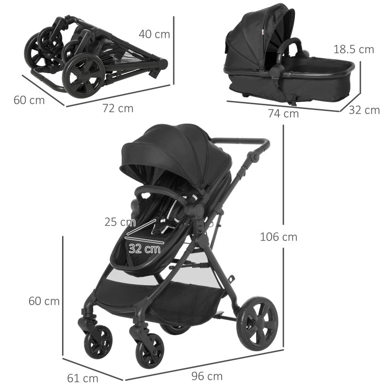 HOMCOM Baby Stroller Pushchair 2 in 1 Lightweight Travel Pram Buggy Foldable with Reversible Seat, Fully Reclining Backrest, from 0 to 3 Years, 0 to15kg, Black