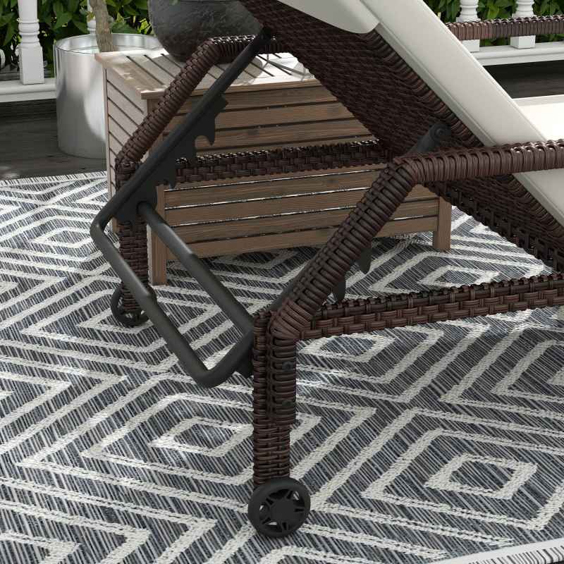 Outsunny Outdoor PE Rattan Sun Lounger, 5-Level Adjustable Backrest Wicker Outdoor Chaise Recliner, Garden Chair with 2 Wheels, Cream White
