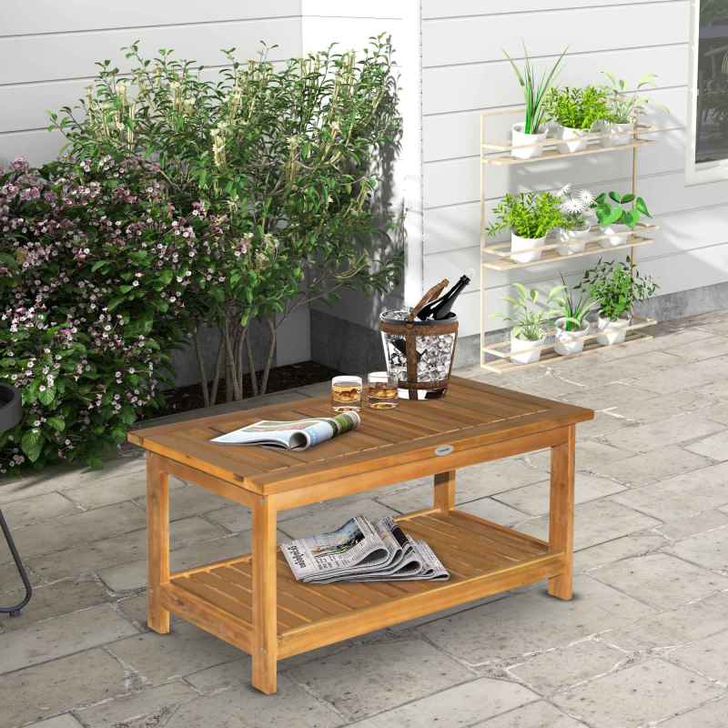 Outsunny Wooden Garden Coffee Table, Outdoor Side Table with Bottom Storage Shelf for Patio, Deck, Lawn, Garden, 90 x 45 x 43 cm, Teak