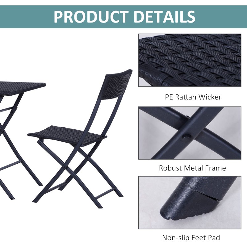 Outsunny 3 Pieces Folding Rattan Bistro Set, Garden Furniture Bistro Set with Folding Garden Table and Chairs, Wicker Balcony Furniture for Outdoor, Patio, Porch, Black