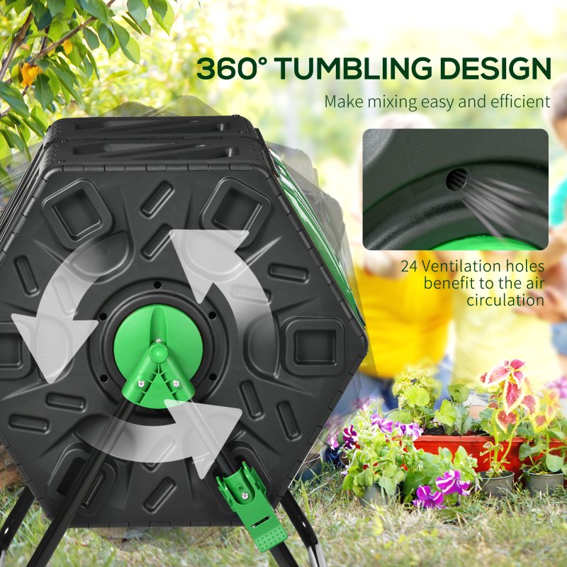 Outsunny Dual Chamber Garden Compost Bin, 130L Rotating Composter, Compost Maker with Ventilation Openings and Steel Legs, Green and Black