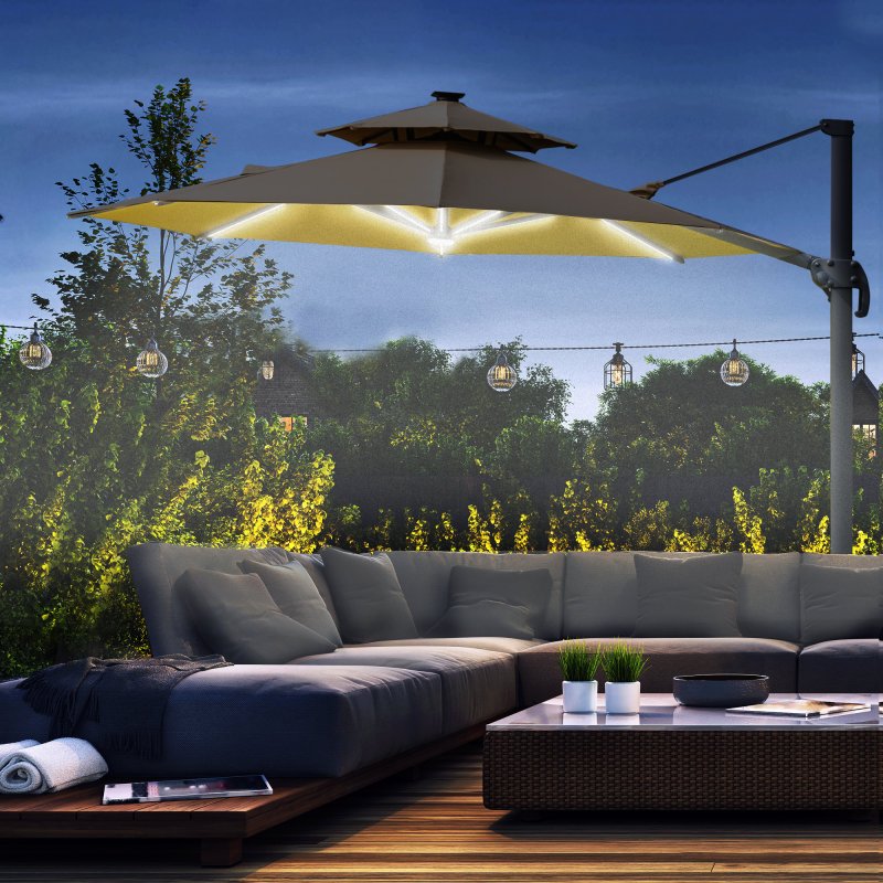 Outsunny 3(m) Cantilever Roma Parasol with LED Solar Lights, Crank & Tilt, Aluminium Frame, Cross Base and Adjustable Canopy 360° Rotating Sun Umbrella with 2-Tier Shade, Beige