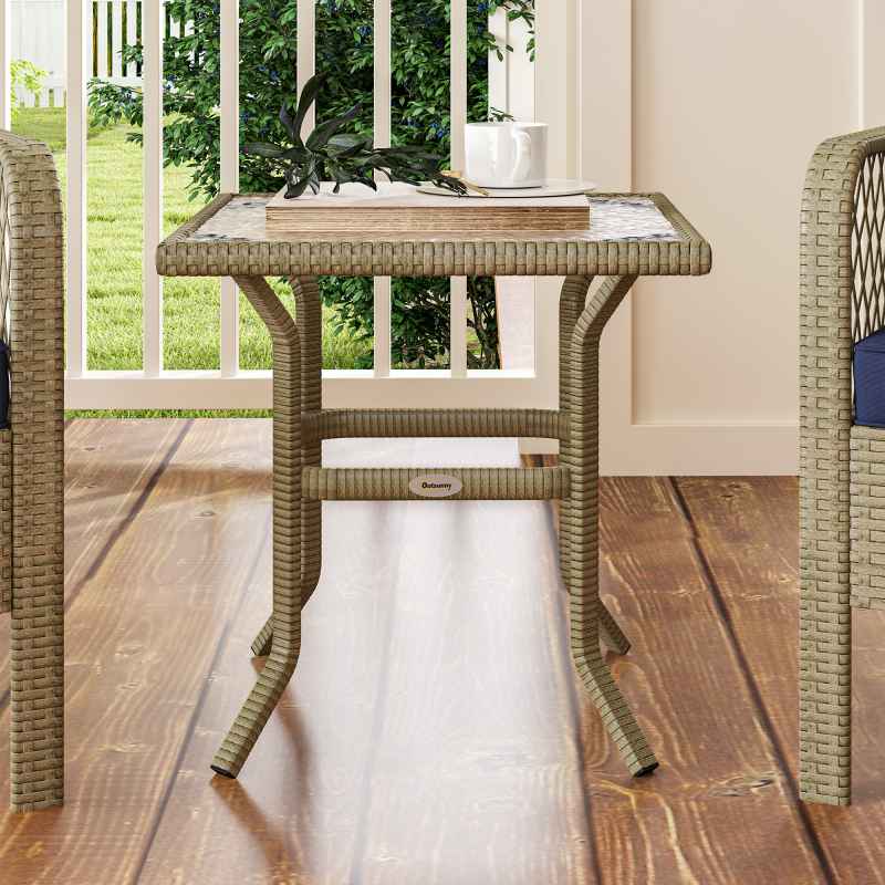 Outsunny 3 Pieces Rattan Bistro Set, Wicker Garden Furniture Set with Glass Top Coffee Table and Chairs, Thickened Cushions for Outdoor, Patio, Balcony, Charcoal Grey