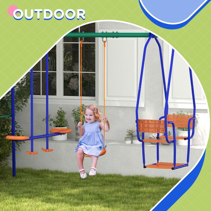 Outsunny Kid Swing Set, 3 in 1 Garden Metal Set for Outdoor with Single Swing, Glider, Rocking Chair Swing, for Toddlers 3+Years, Orange