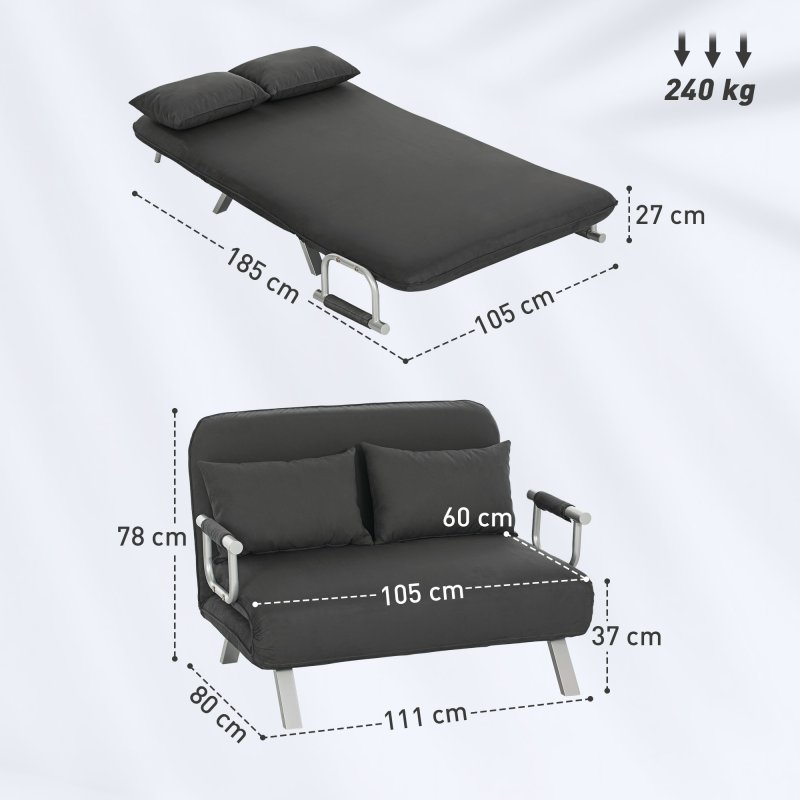 HOMCOM 2 Seater Sofa Bed, Click Clack Convertible Bed Settee, Modern Velvet Feel Fabric Sofa with 2 Cushions for Living Room, Bedroom, Guest Room, Charcoal Grey