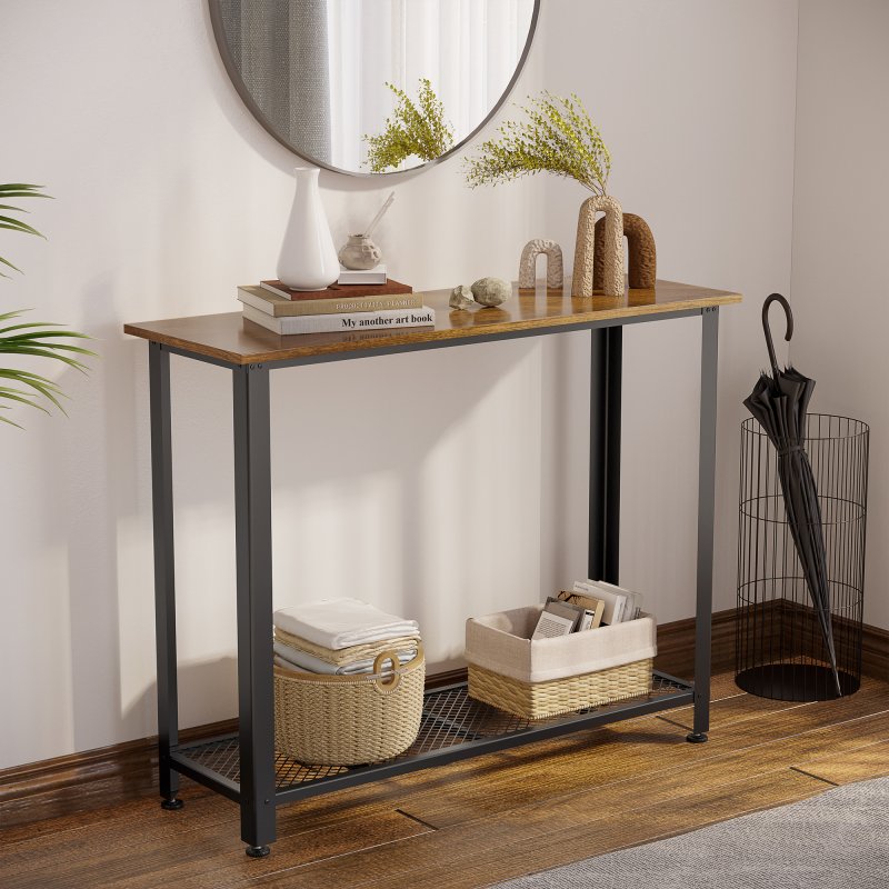 HOMCOM Industrial Console Table Entryway Table w/Bottom Mesh Shelf Metal Frame Vintage Sofa Table for Hallway, Living Room, Rustic Brown