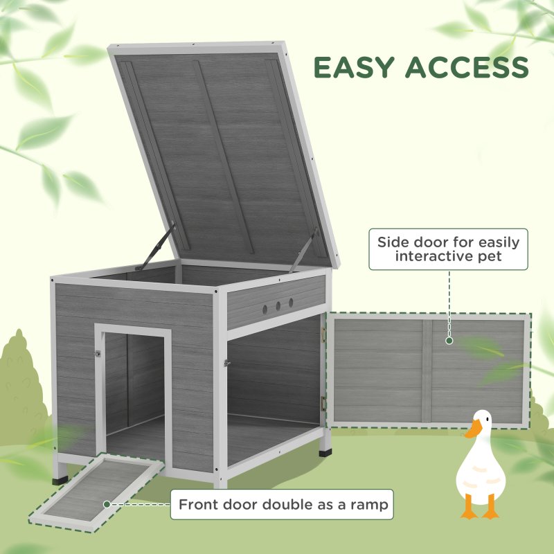 PawHut Wooden Duck House, Raised Poultry Coop with Ramp, Double Doors, Openable Asphalt Roof, Ventilation Holes, Removable Base, for 2-4 Ducks, Chickens, Geese, Light Grey