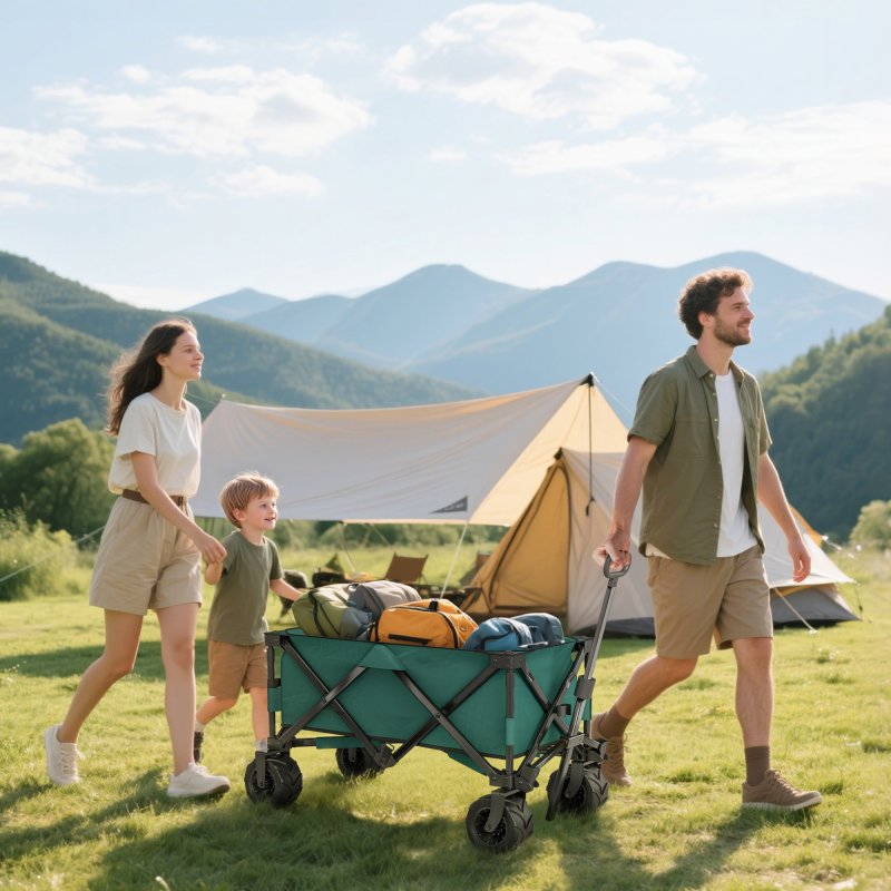 Outsunny 140L Festival Trolley on Wheels, Folding Camping Trolley Cart with Telescopic Handle, Big Wheels for Outdoor Garden Beach Fishing, Green