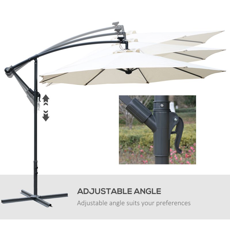 Outsunny 3(m) Banana Cantilever Parasol with Solar LED Lights, Garden Umbrella with Cross Base and Crank Handle, Hanging Offset Sun Shade for Outdoor, Patio, Cream White