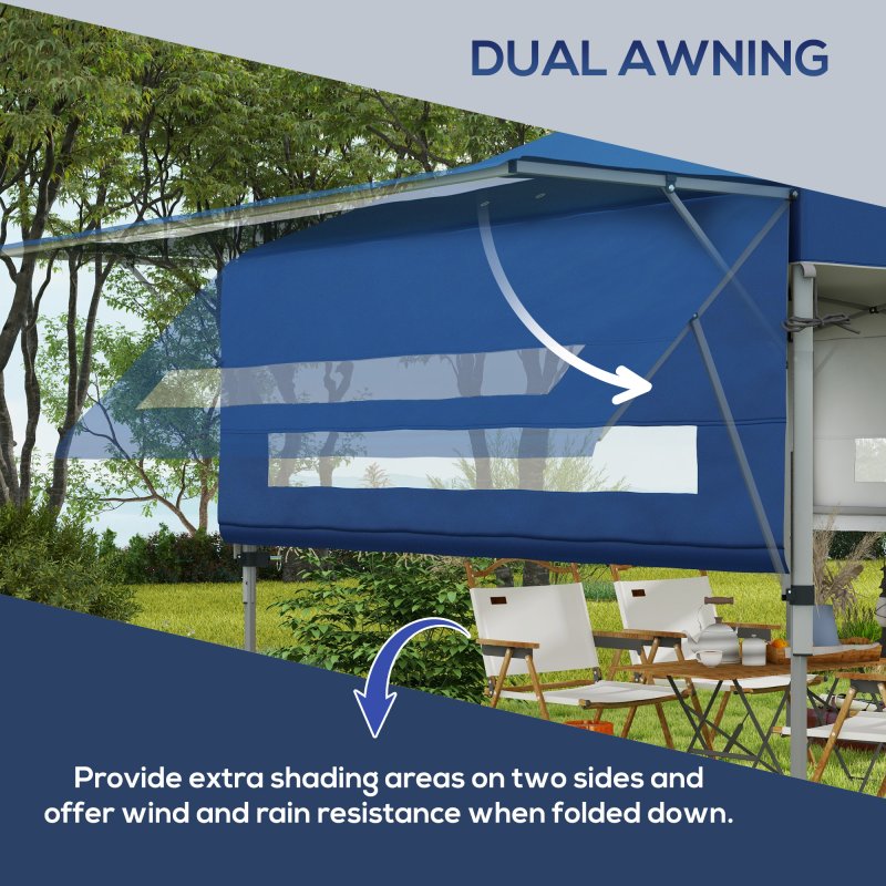 Outsunny 3 x 3(m) Pop Up Gazebo with Extend Dual Awnings, 1 Person Easy up Marquee Party Tent with 1-Button Push, Double Roof, Wheeled Bag, Sandbags, Height Adjustable Instant Shelter, Blue