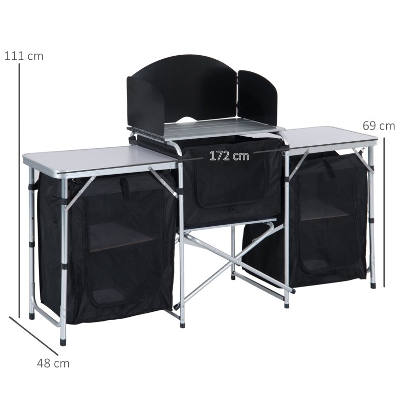 Outsunny Portable Camping Kitchen with Aluminium Frame, Fold-Up Cooking Table With Windscreen and 3 Enclosed Cupboards for BBQ, Party, Picnic, Black