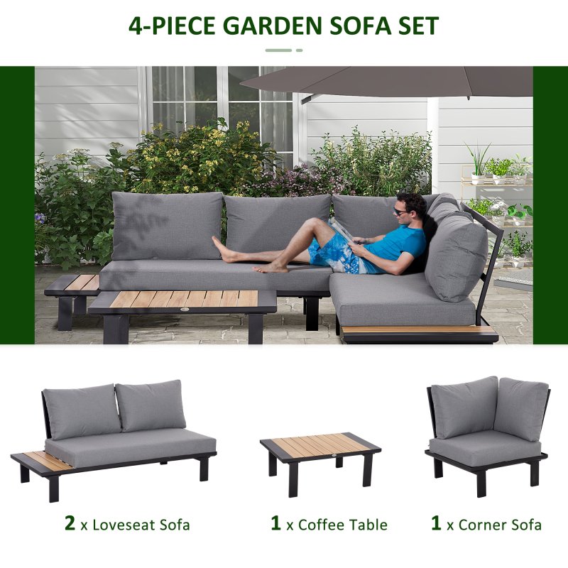 Outsunny 4 Pieces Aluminium Garden Furniture Sets with Thick Padded Cushion, 5 Seater Outdoor L Shape Corner Sofa Conversation Set, w/ Coffee Table and Sofa Side Table for Patio, Deck, Dark Grey