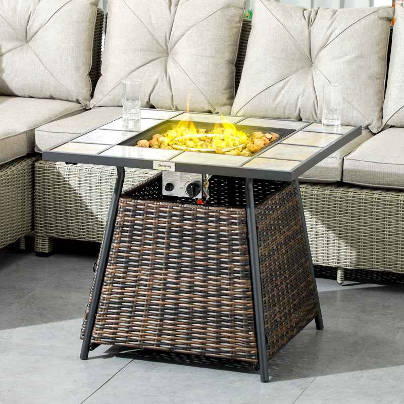 Outsunny Outdoor PE Rattan Gas Fire Pit Table, Square Gas Burner Patio Heater with Fire Control Panel, Slate Desktop, Lid and Lava Rocks, 50,000 BTU, Brown