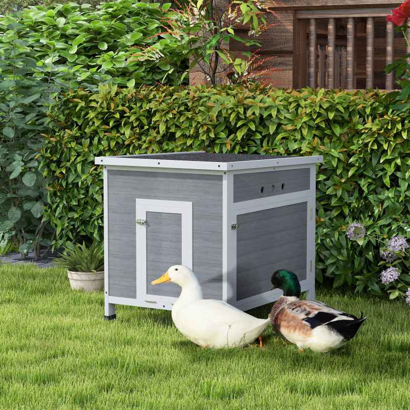 PawHut Wooden Duck House, Raised Poultry Coop with Ramp, Double Doors, Openable Asphalt Roof, Ventilation Holes, Removable Base, for 2-4 Ducks, Chickens, Geese, Light Grey