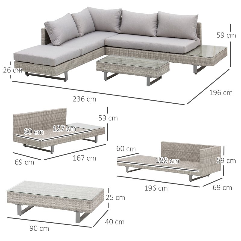 Outsunny 3 Pieces Rattan Garden Furniture Set, Wicker Garden Sofa Set with 3-Seater Sofa, Loveseat, Coffee Table, Side Table & Cushions, 5-Seater Outdoor Furniture Set, Grey