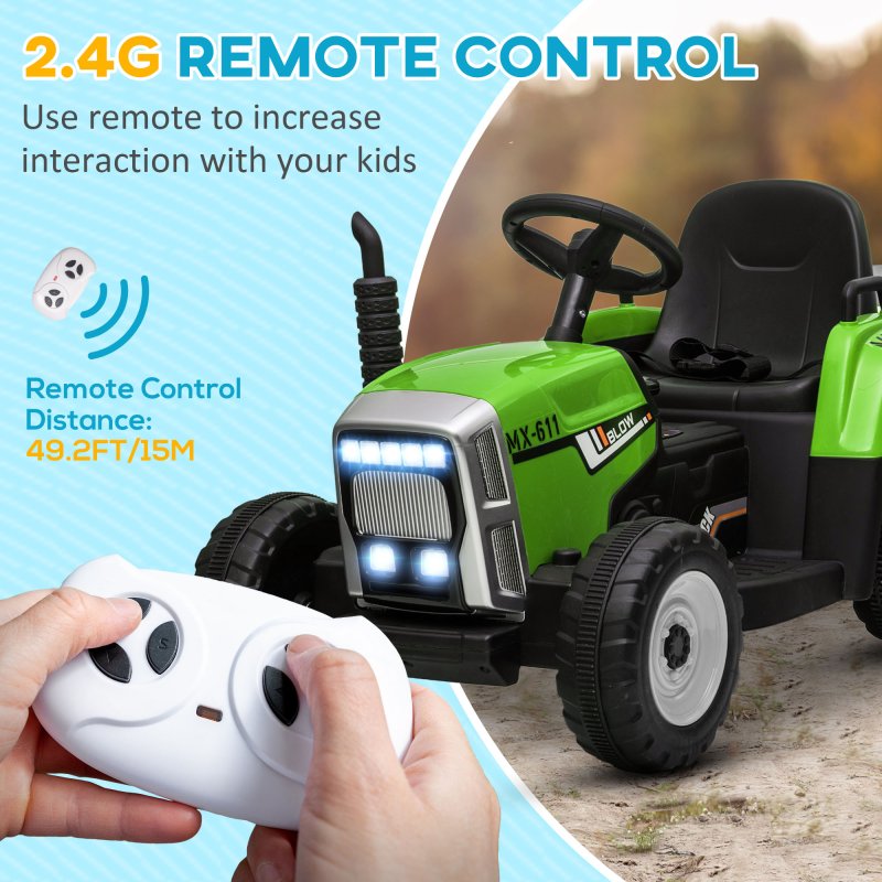 HOMCOM Electric Ride on Tractor 12V Kids Electric Car with Detachable Trailer Remote Control, Music, Horn, Lights, Start-Up Sound, for Ages 3-6 Years - Green